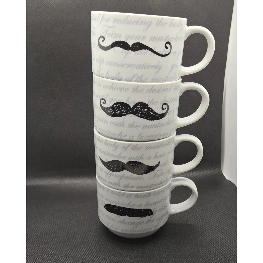 Set of 4 Pier 1 Mustache Ceramic Coffee Mugs White Black Handlebar Chevron Mugs